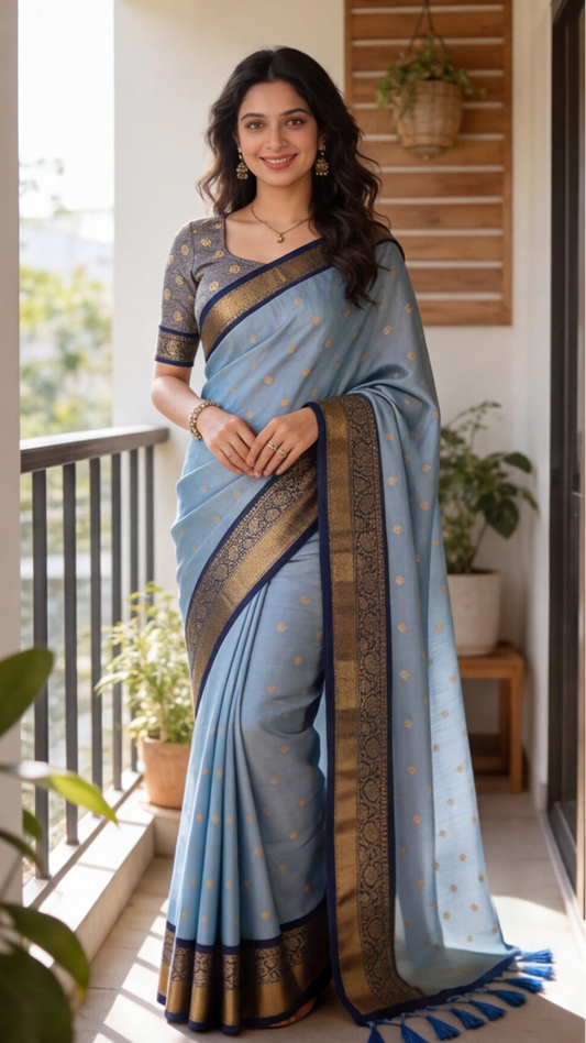 Semi Gadwal Saree - Sky blue with Navy Blue Border - SGEQ003