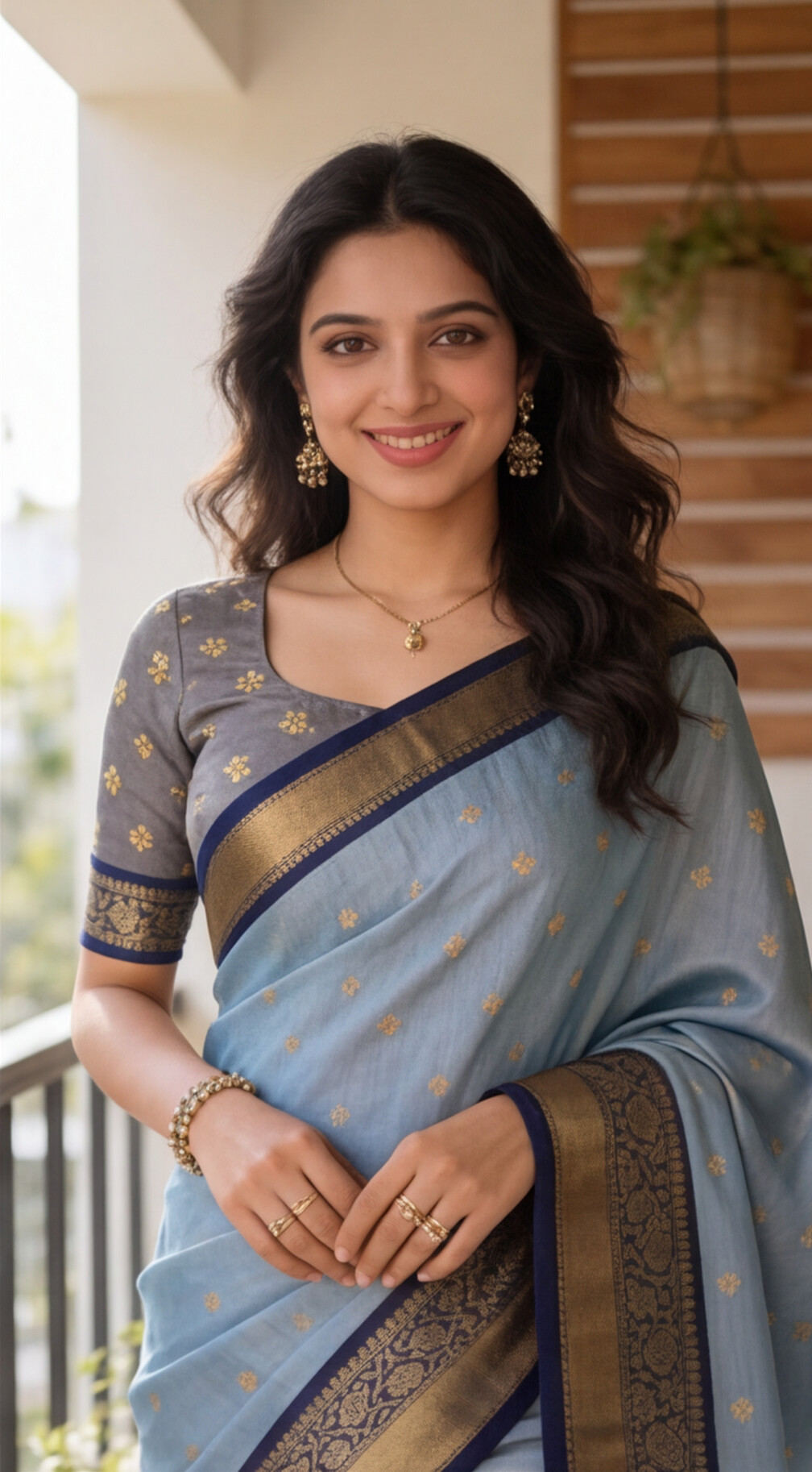 Semi Gadwal Saree - Sky blue with Navy Blue Border