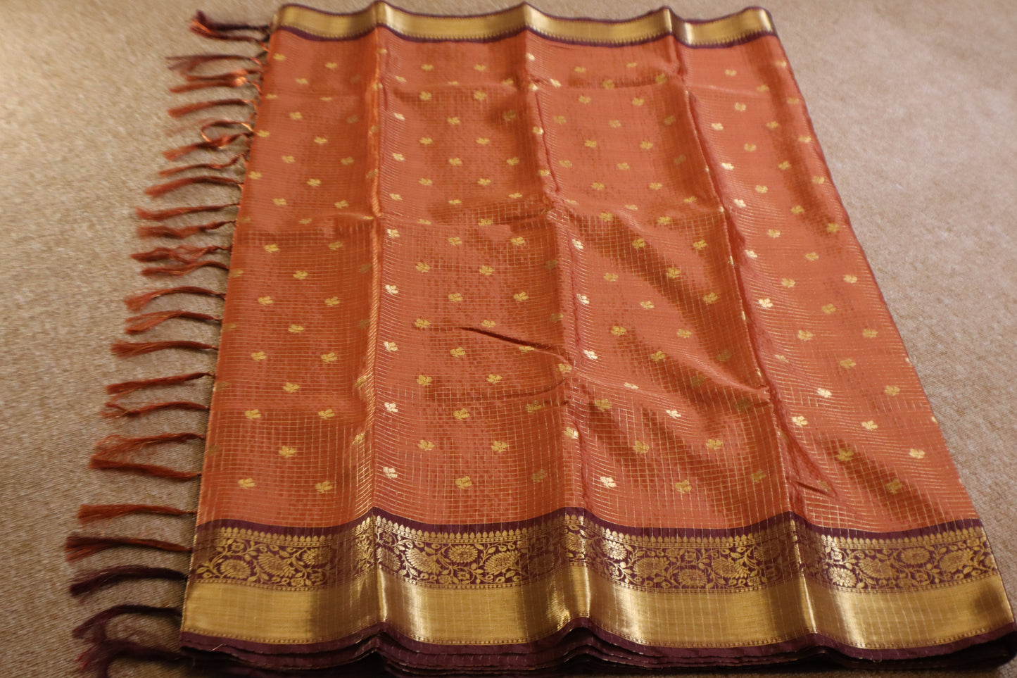 Semi Gadwal Saree - Vintage Orange with Maroon Border