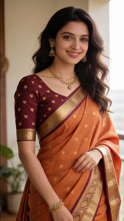 Semi Gadwal Saree - Vintage Orange with Maroon Border