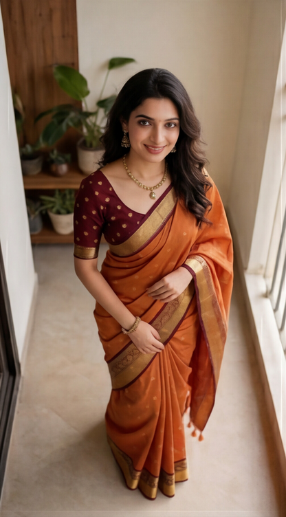 Semi Gadwal Saree - Vintage Orange with Maroon Border