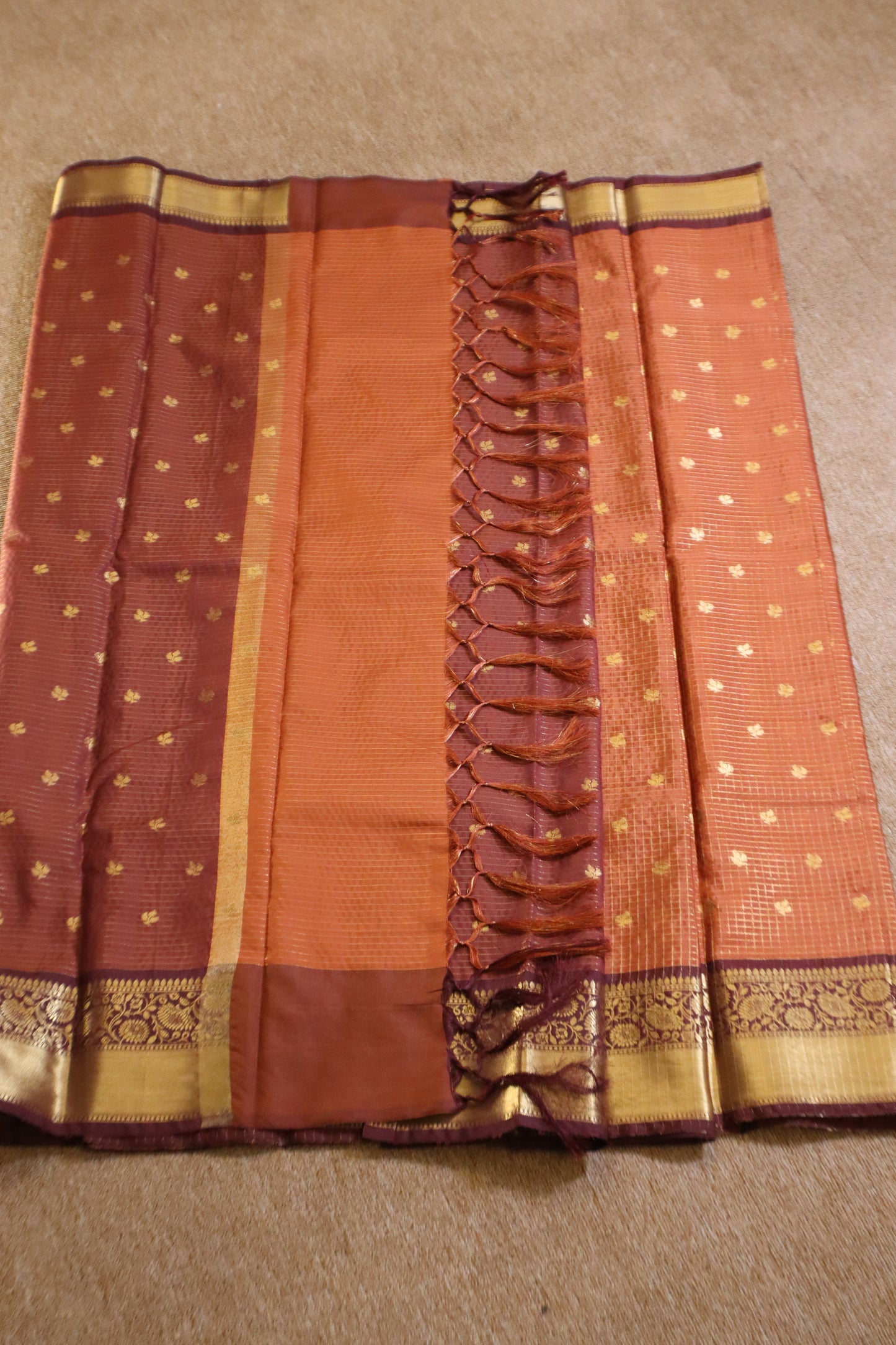 Semi Gadwal Saree - Vintage Orange with Maroon Border