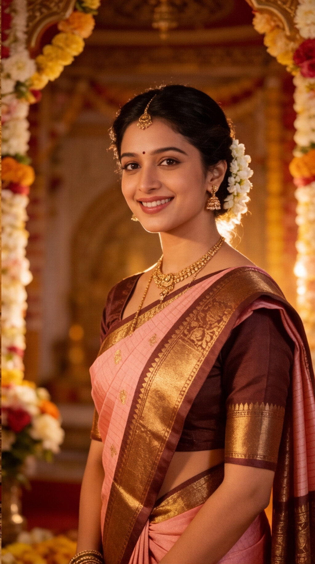 Semi Ghadwal Saree - Baby Pink with Maroon Border
