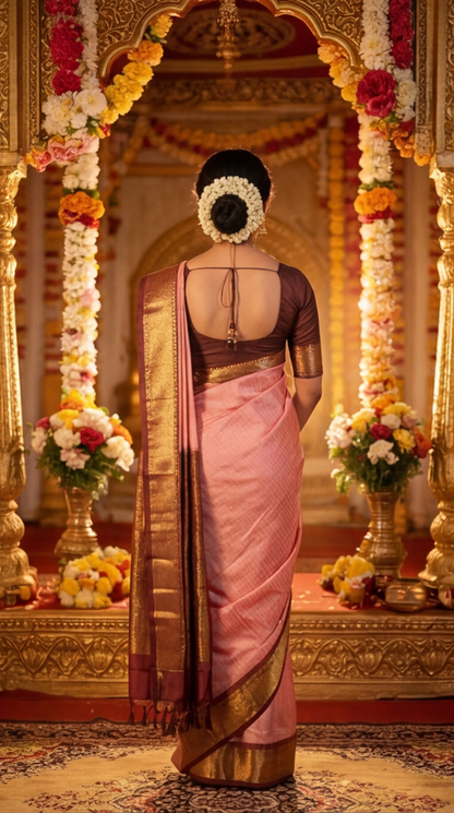 Semi Ghadwal Saree - Baby Pink with Maroon Border
