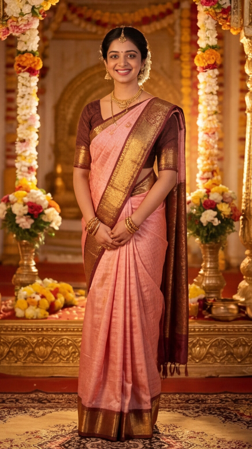 Semi Ghadwal Saree - Baby Pink with Maroon Border