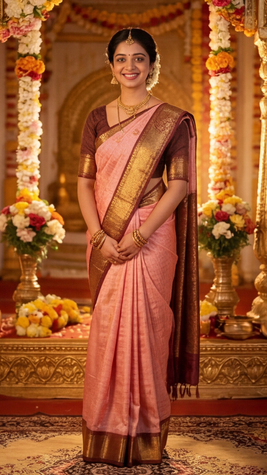 Semi Ghadwal Saree - Baby Pink with Maroon Border