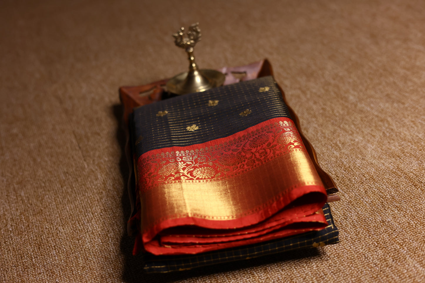 Semi Ghadwal Saree - Black with Red Border