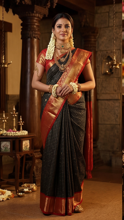 Semi Ghadwal Saree - Black with Red Border