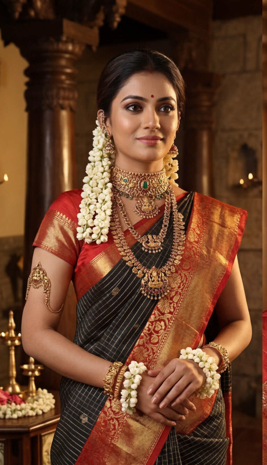 Semi Ghadwal Saree - Black with Red Border