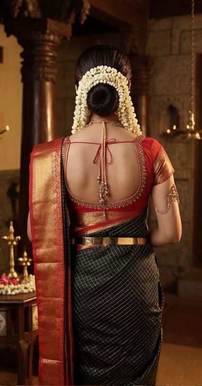 Semi Ghadwal Saree - Black with Red Border