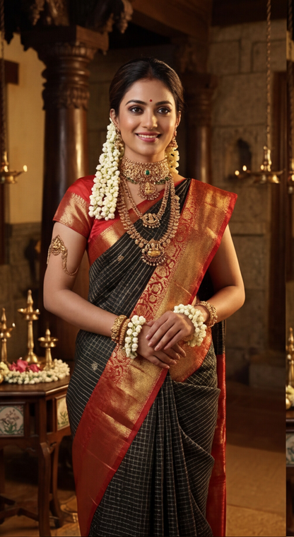 Semi Ghadwal Saree - Black with Red Border