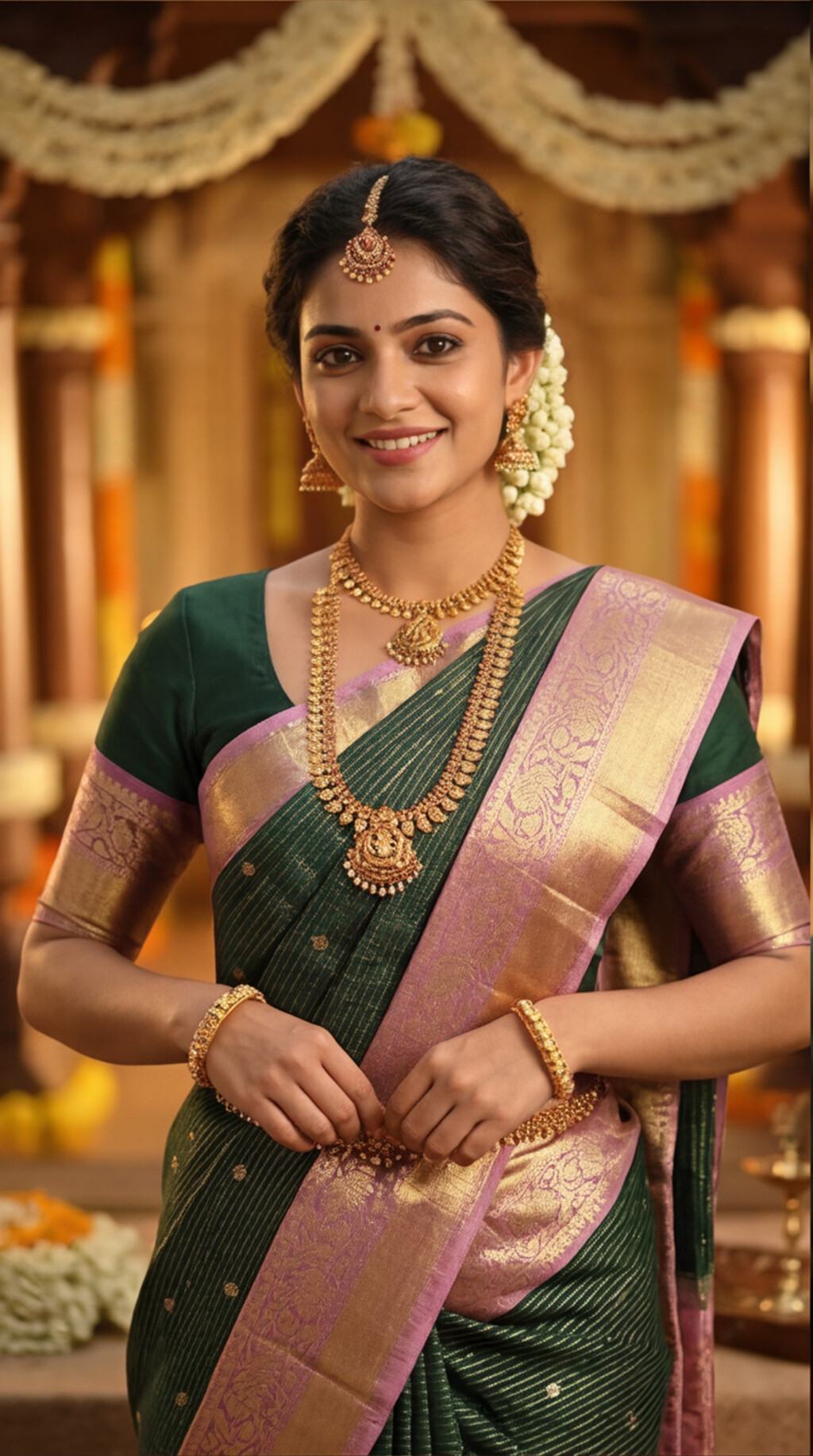 Semi Ghadwal Saree - Dark Green with Pink Border