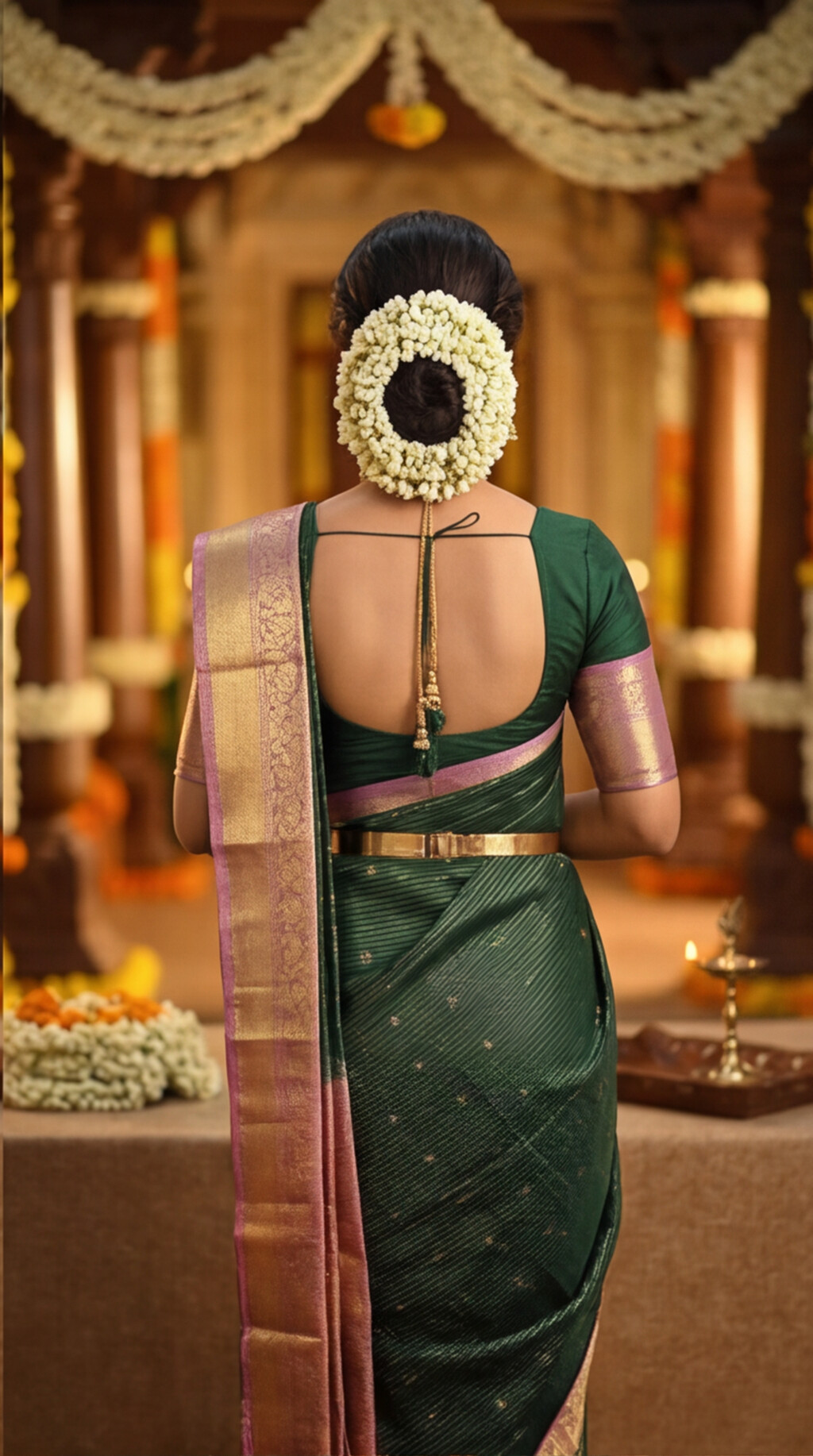 Semi Ghadwal Saree - Dark Green with Pink Border