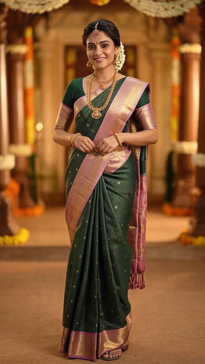 Semi Ghadwal Saree - Dark Green with Pink Border