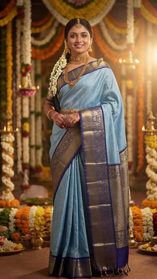 Semi Ghadwal Saree - Sky blue with Navy Blue Border