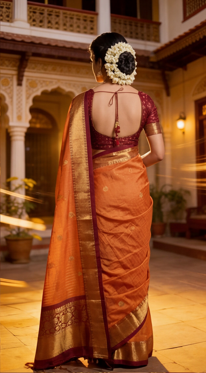 Semi Ghadwal Saree - Vintage Orange with Maroon Border
