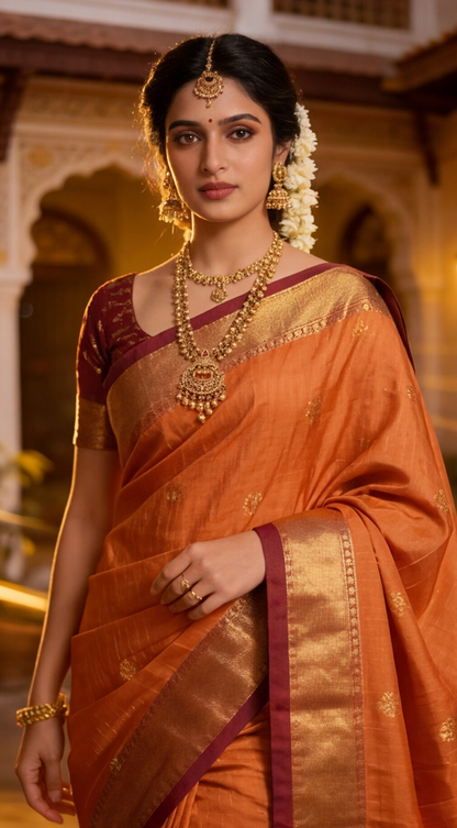 Semi Ghadwal Saree - Vintage Orange with Maroon Border