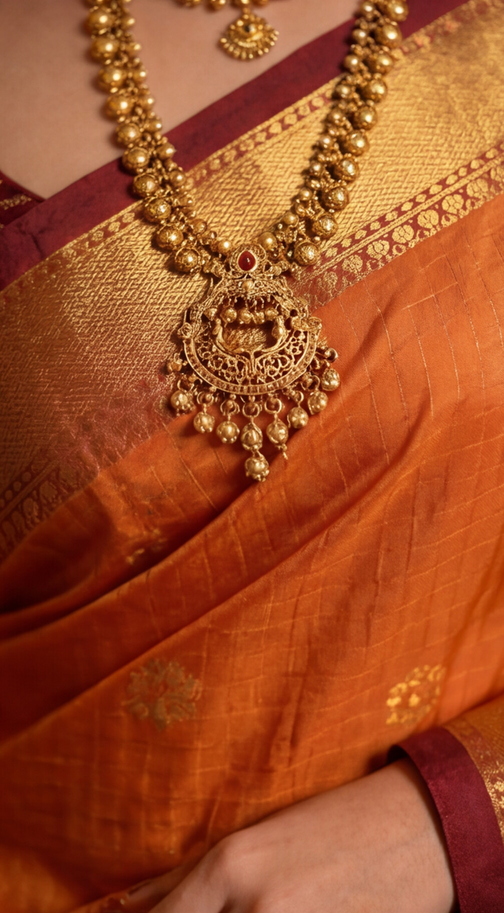 Semi Ghadwal Saree - Vintage Orange with Maroon Border