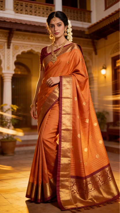 Semi Ghadwal Saree - Vintage Orange with Maroon Border