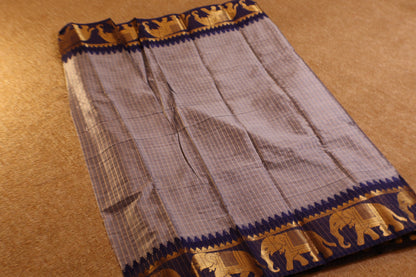 Silk Checked Saree - White with Blue