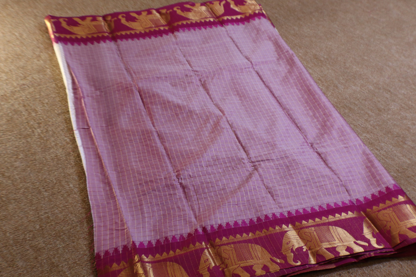 Silk Checked Saree - White with Magenta