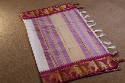 Silk Checked Saree - White with Magenta