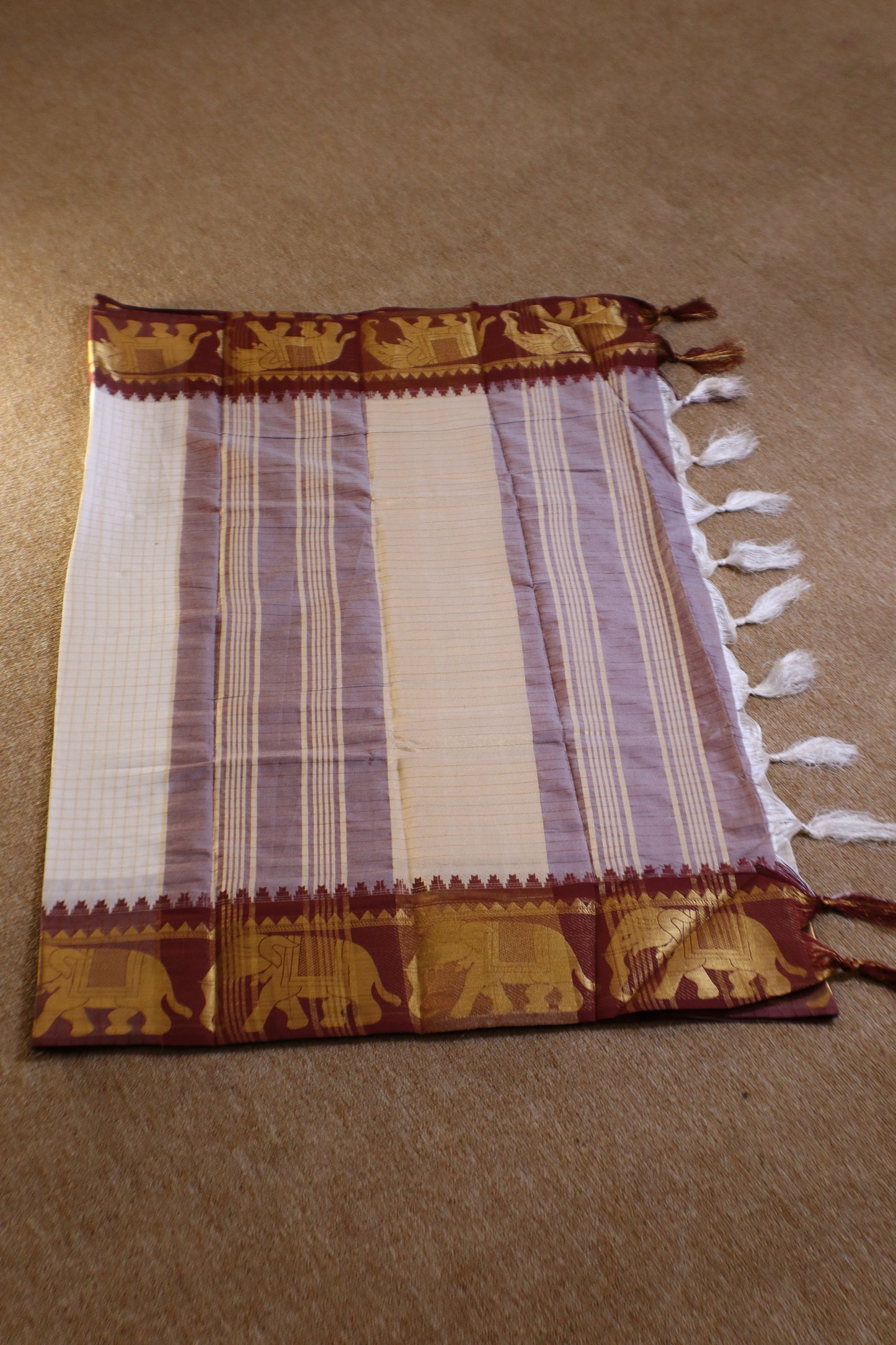 Silk Checked Saree - White with Maroon
