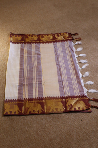 Silk Checked Saree - White with Maroon