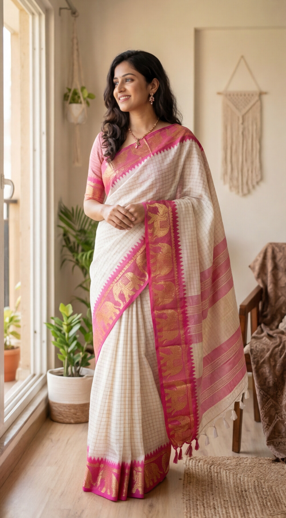 Silk Checked Saree - White with Pink