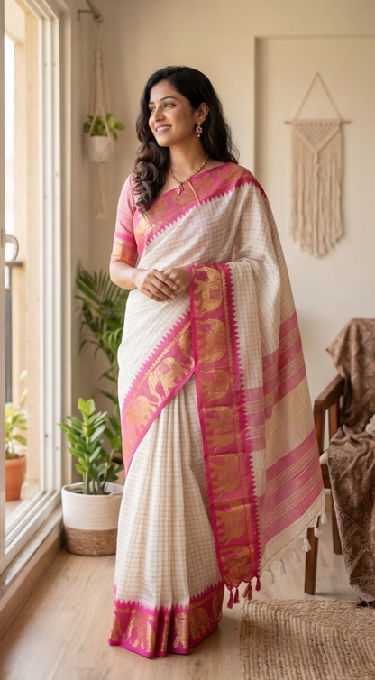 Silk Checked Saree - White with Pink