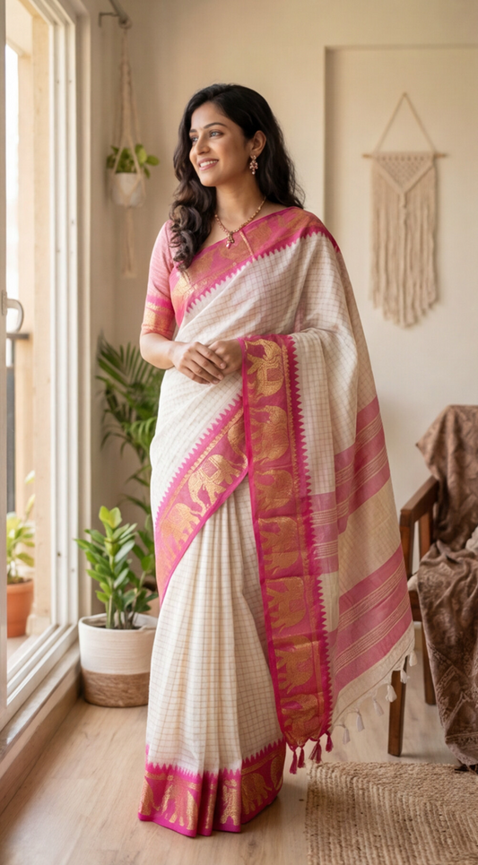 Silk Checked Saree - White with Pink - SCEQ004