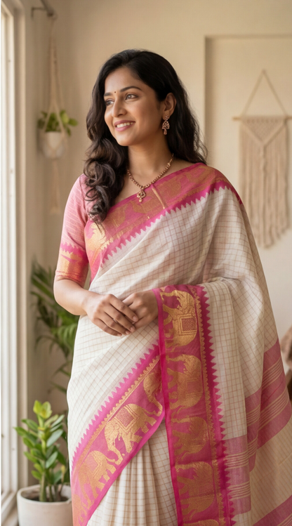 Silk Checked Saree - White with Pink