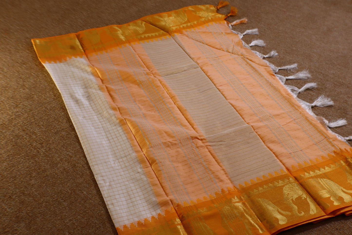 Silk Checked Saree - White with Yellow