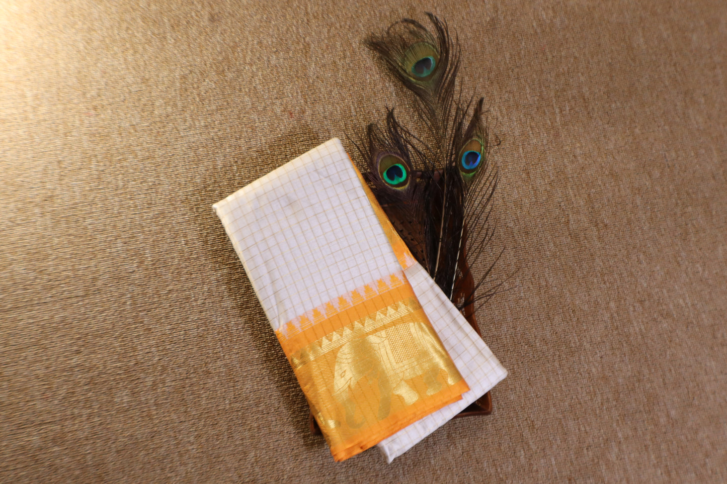 Silk Checked Saree - White with Yellow