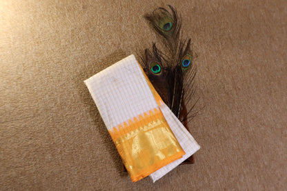 Silk Checked Saree - White with Yellow