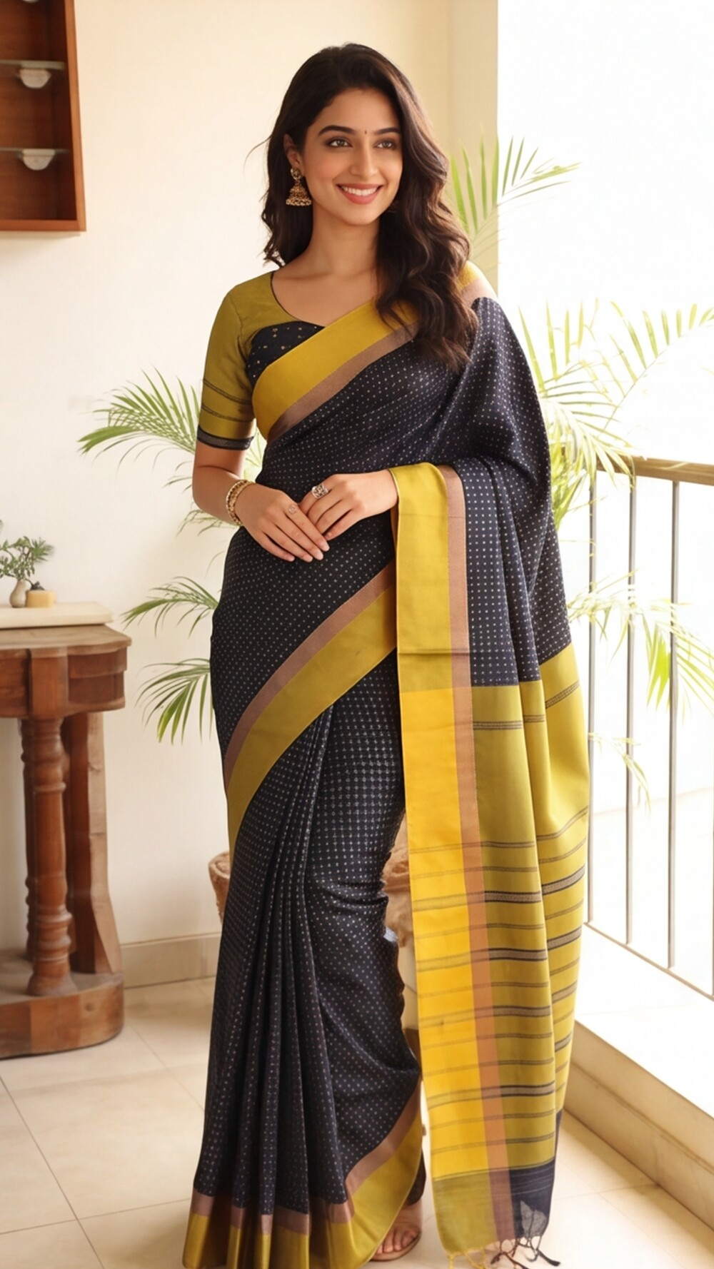 Soft Silk Saree - Dark Blue with Green