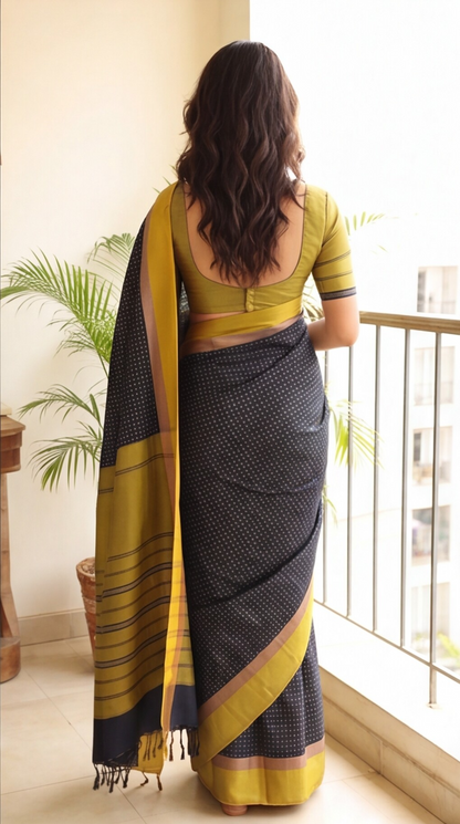 Soft Silk Saree - Dark Blue with Green