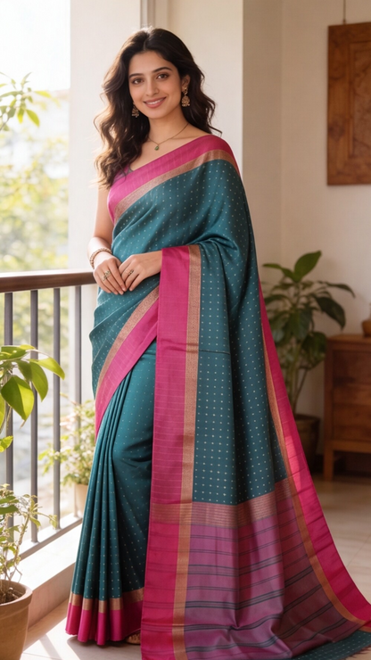 Soft Silk Saree - Green with Pink