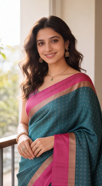 Soft Silk Saree - Green with Pink