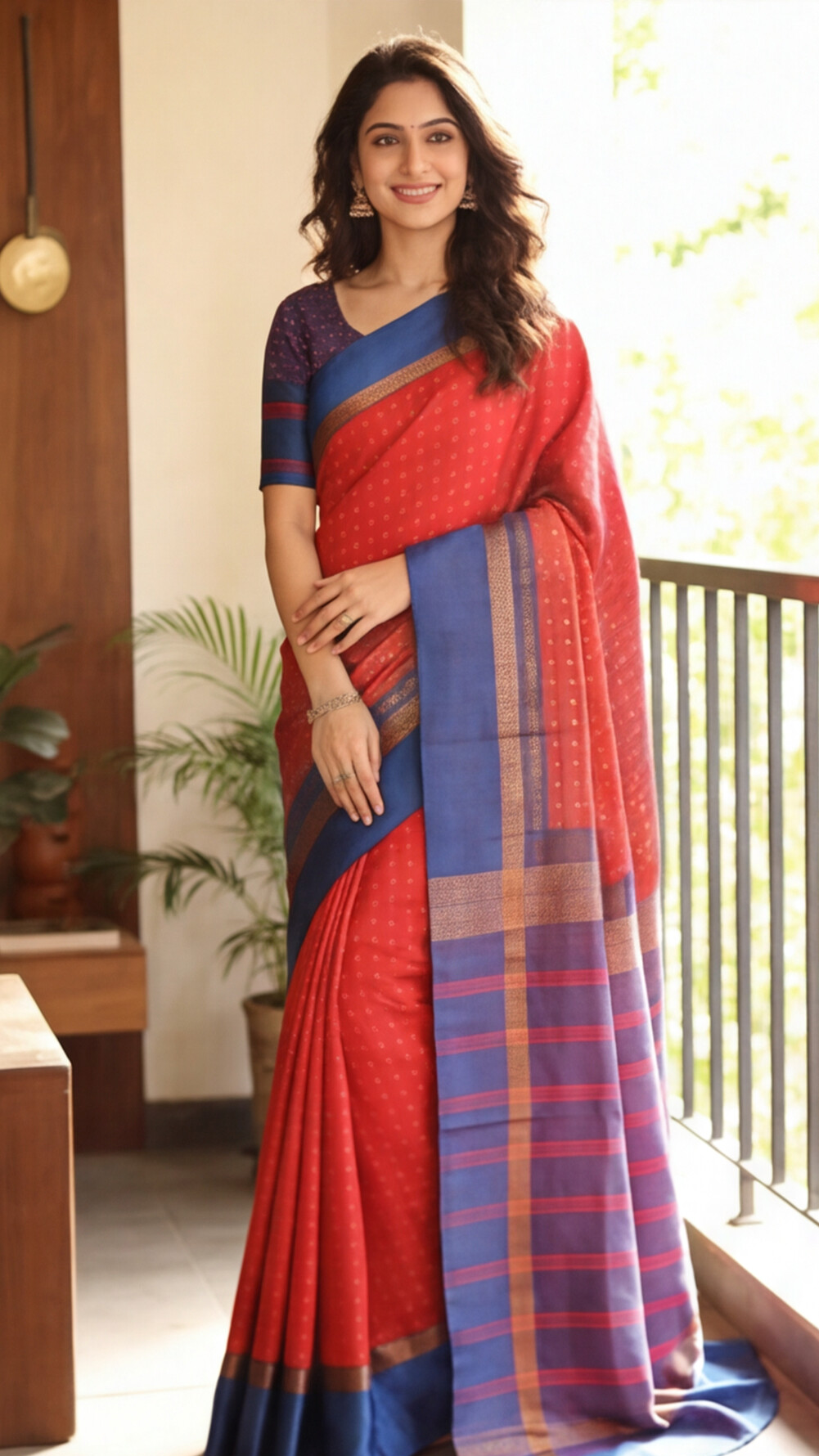 Soft Silk Saree - Orange with Blue