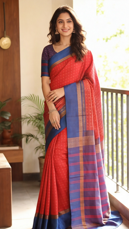 Soft Silk Saree - Orange with Blue