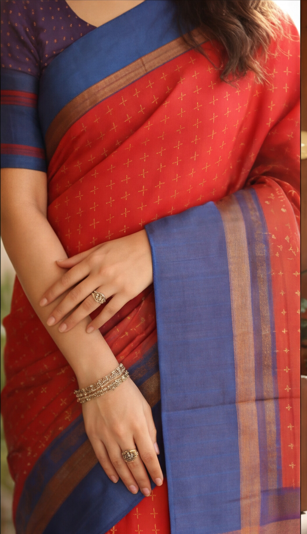 Soft Silk Saree - Orange with Blue