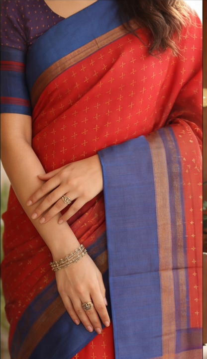 Soft Silk Saree - Orange with Blue
