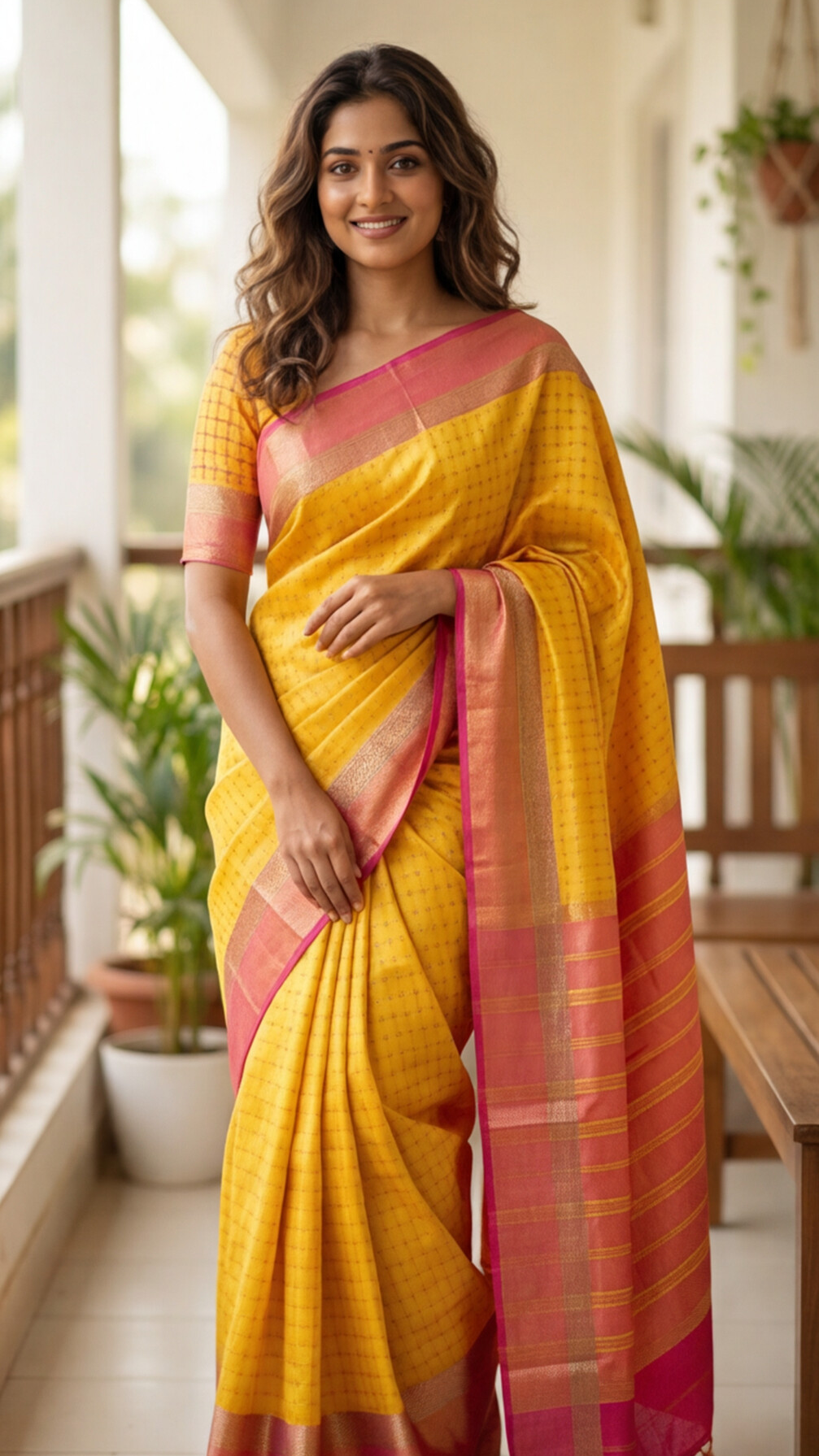 Soft Silk Saree - Yellow with Pink