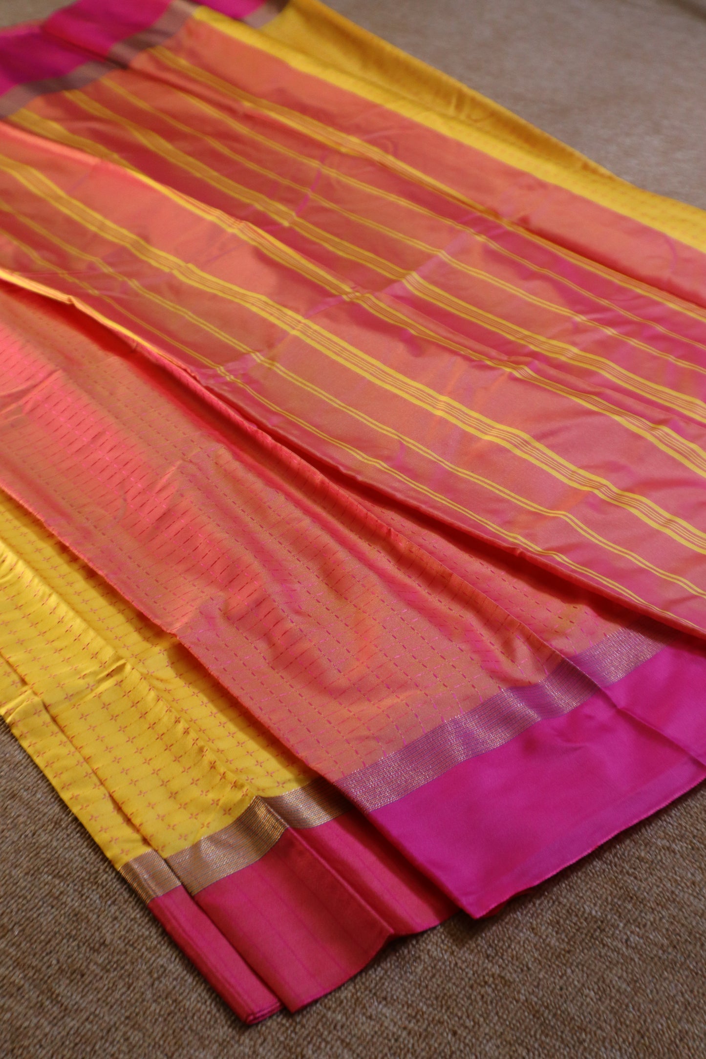 Soft Silk Saree - Yellow with Pink