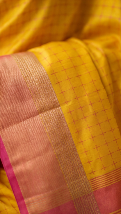 Soft Silk Saree - Yellow with Pink