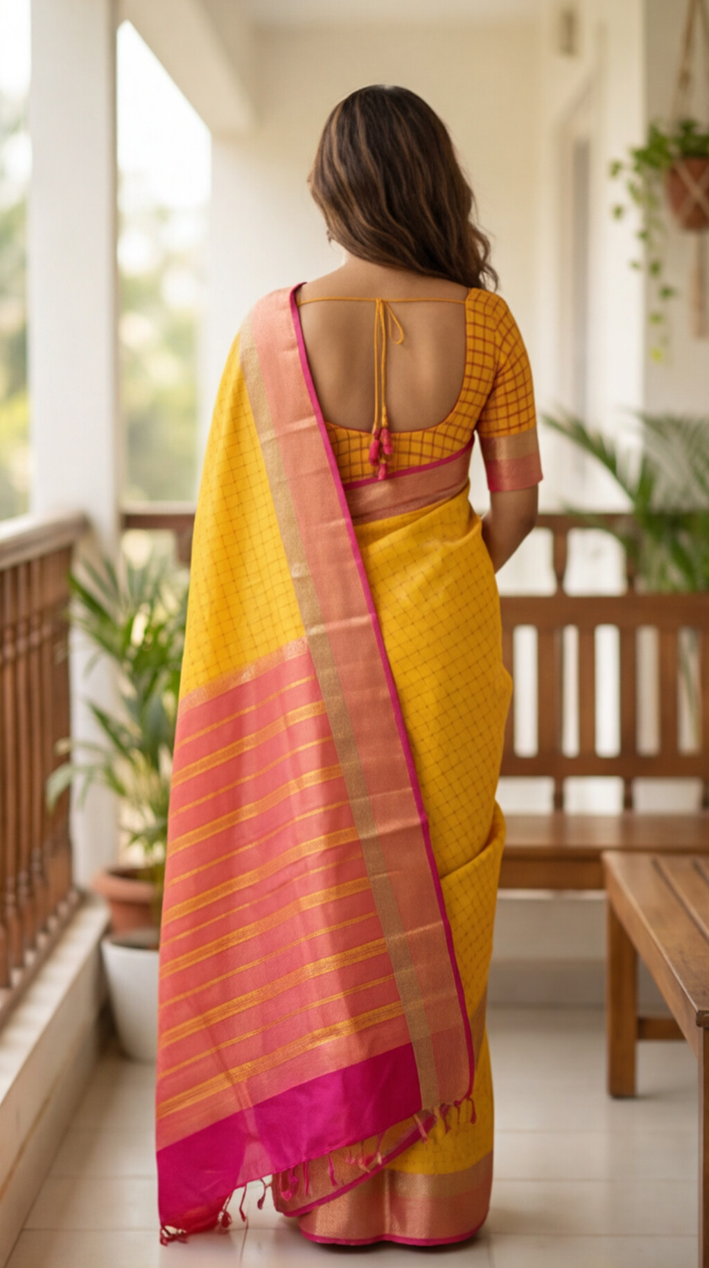 Soft Silk Saree - Yellow with Pink