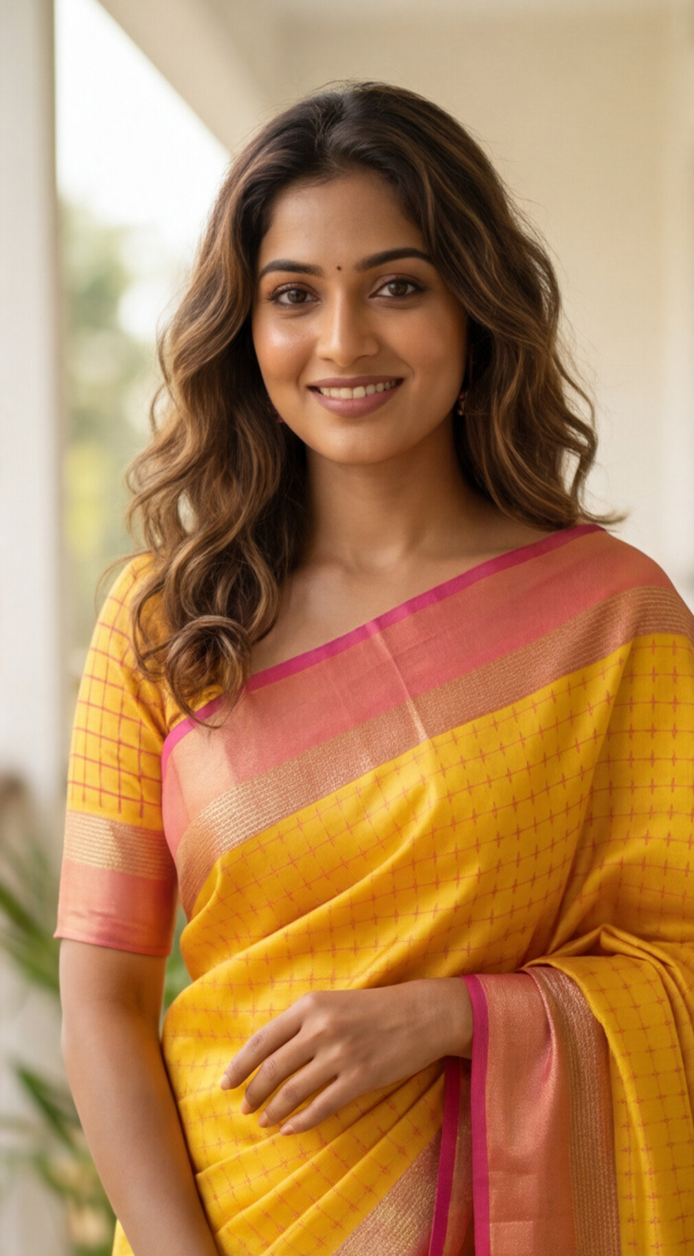 Soft Silk Saree - Yellow with Pink