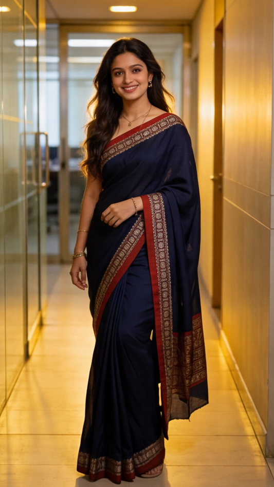 Narayanpet Saree - Navy Blue with Red Border