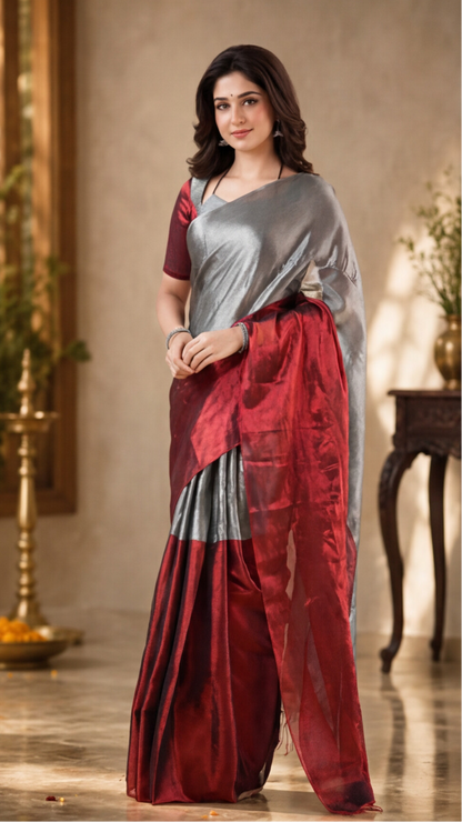 Khadi Tissue Saree - Red